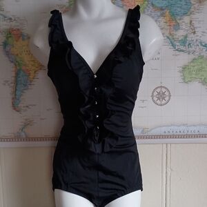 Rose Marie Reid Black Ruffled One-Piece Swimsuit